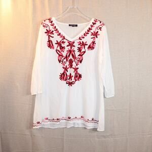 Village Venture Elegant White and Red Blouse Embroidery Womens Size 36